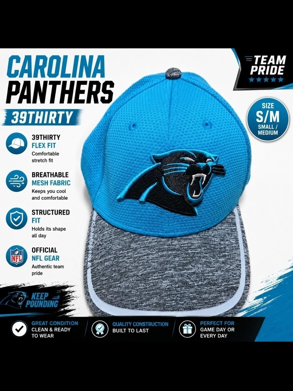 Carolina Panthers Hat 39 Thirty- Small/Medium - Teal/gray